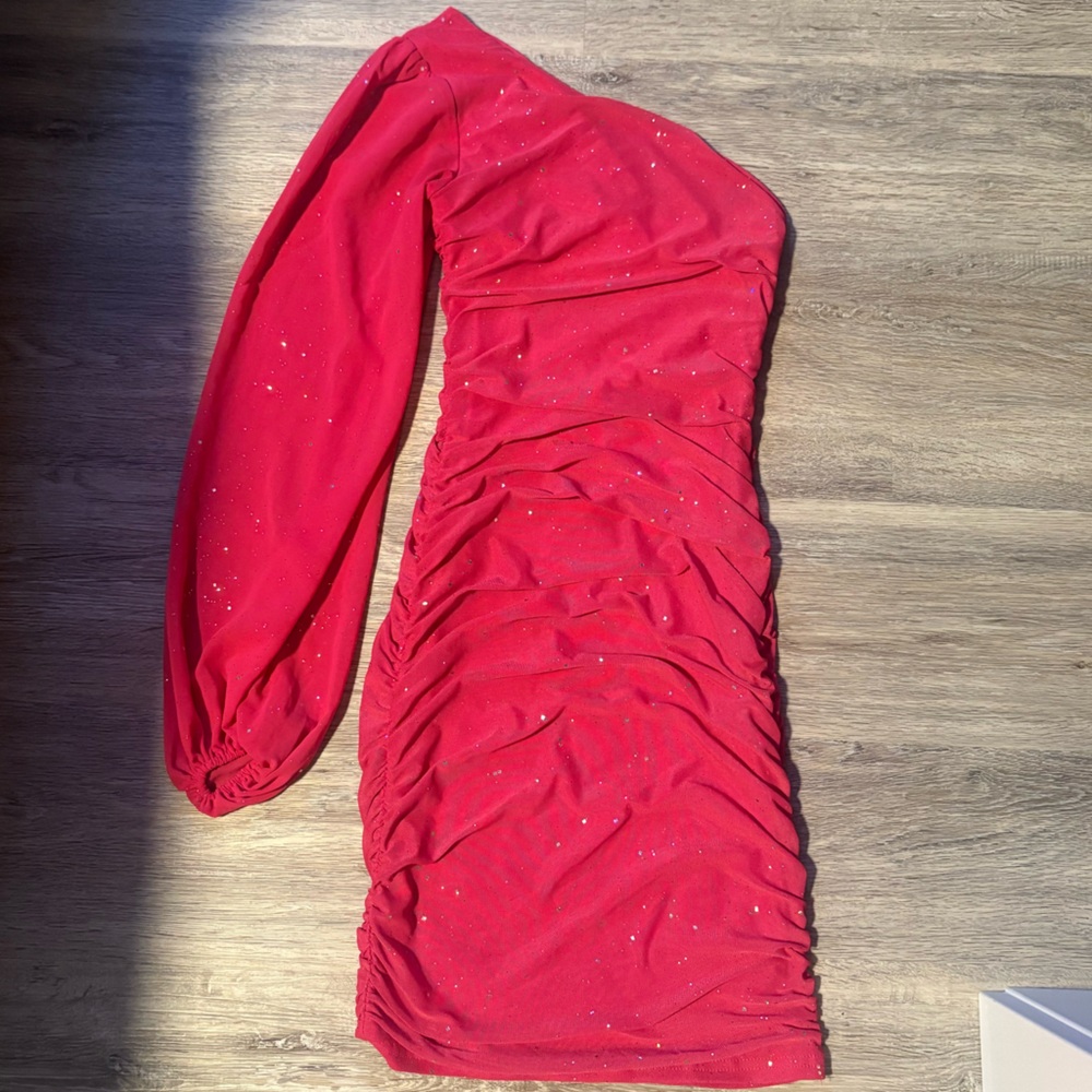 Long Sleeve One Shoulder Pink Sparkle Mini Dress